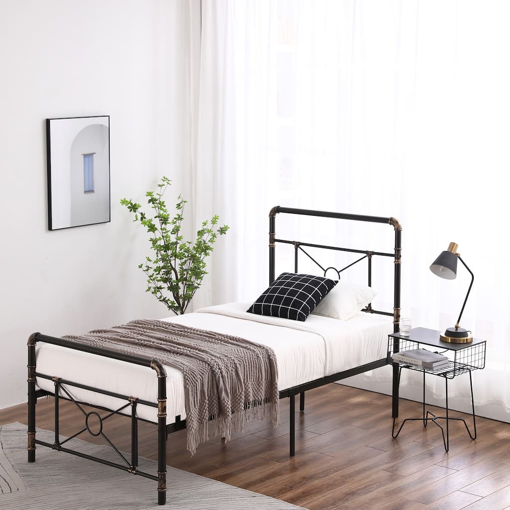 Single-layer Water Pipe Bed with Cross Design and Foot End Black Iron Bed