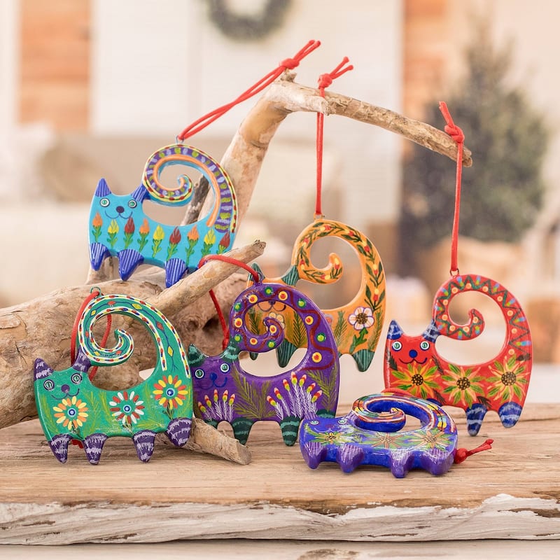 Novica Handmade Hypnotic Felines Ceramic Ornaments (Set Of 6)