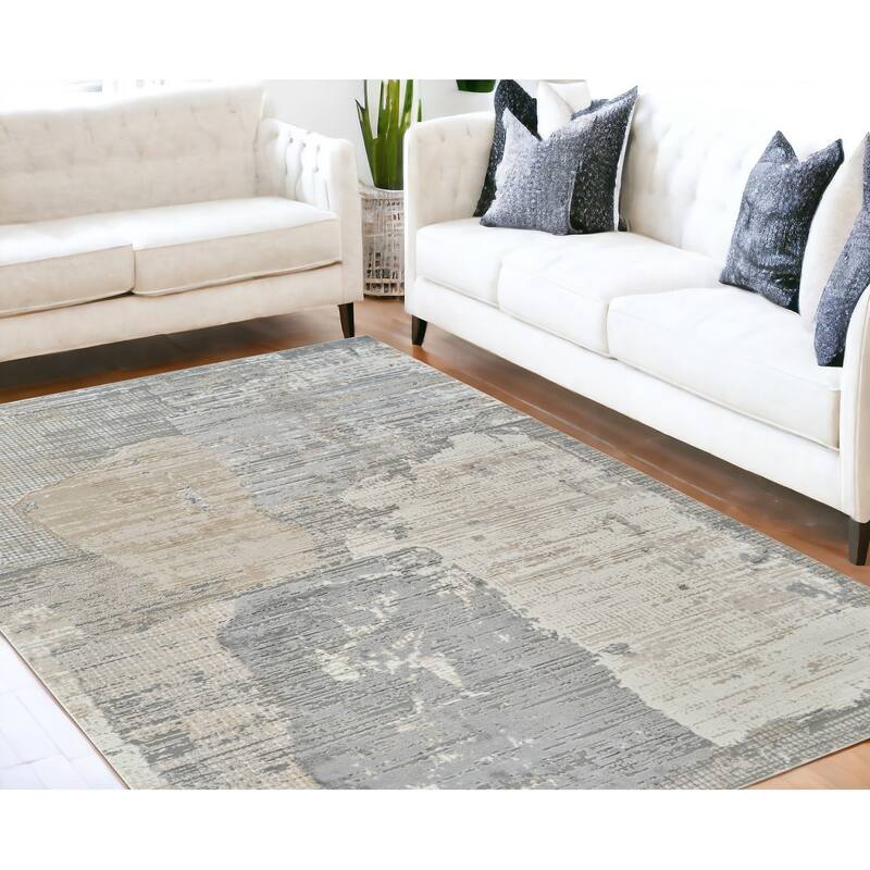 Bibiz Distressed Abstract Modern Stain Resistant Woven Area Rug By HomeRoots - 5' X 8' - Gray and Cream - Rectangle
