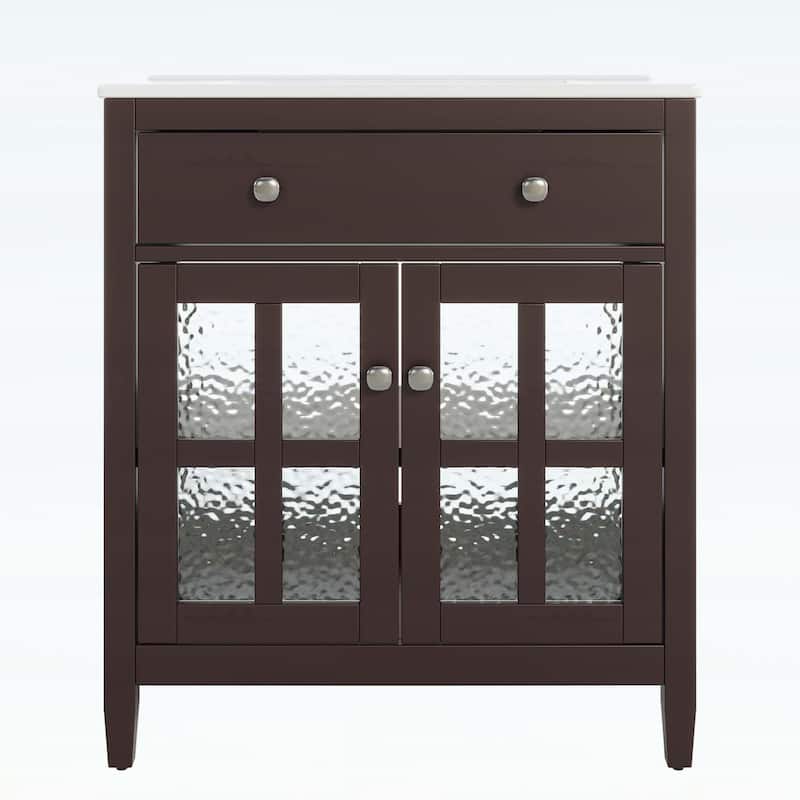 30-Inch Bathroom Vanity with Ceramic Sink,Adjustable Shelf,Tip-Out Tray,Wood Legs