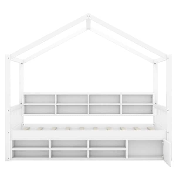 slide 2 of 10, White Twin Size Wooden House Bed with Shelves and a Mini-cabinet
