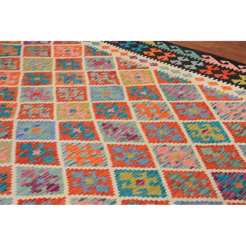 Colorful Trellis Kilim Area Rug Hand-Woven Wool Carpet - 8'3" x 11'8"