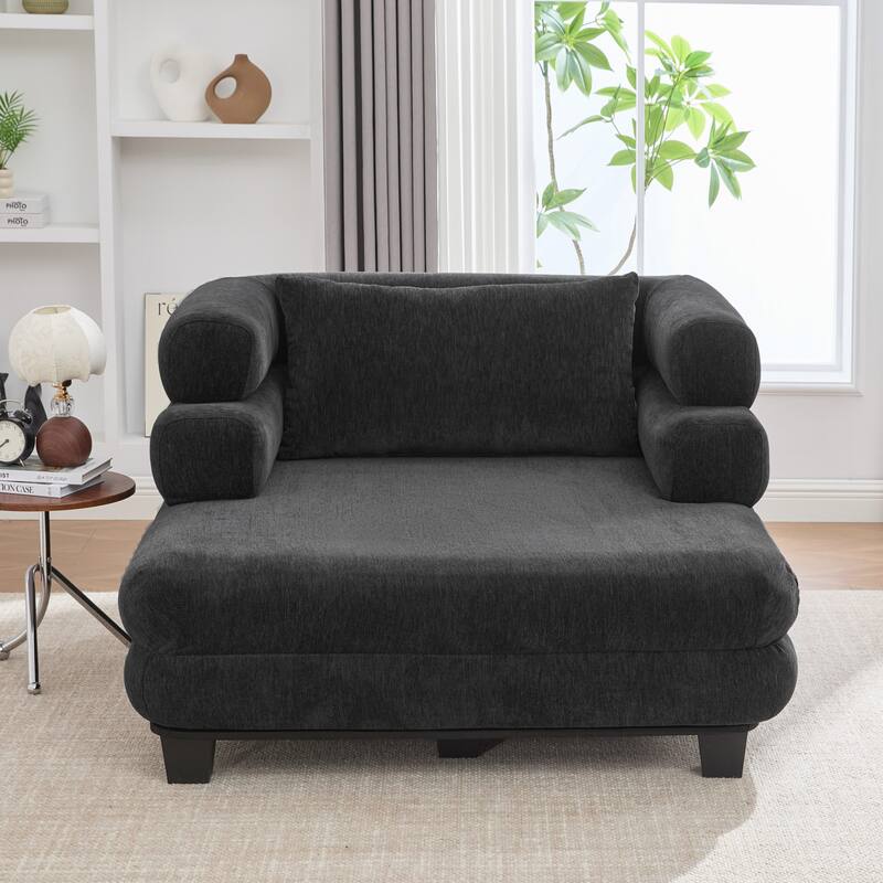 Roomfitters 52 Inch Oversized Modern Chaise Lounge Sofa Bed with Layered Armrests, Chenille - Black