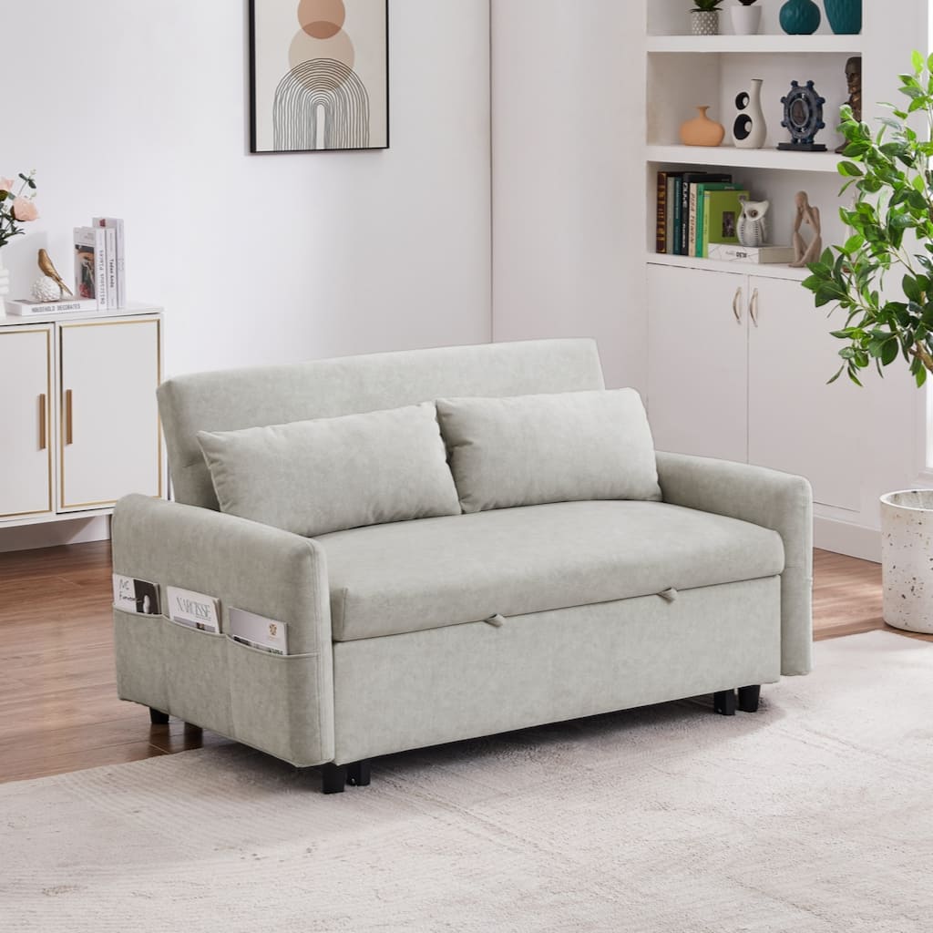 55.1" Pull Out Sleep Sofa Bed Loveseats Sofa Couch with Adjsutable Backrest,Storage Pockets,2 Soft Pillows,USB Ports,Beige