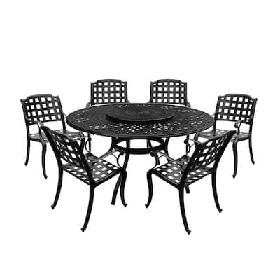 Modern Ornate Outdoor Mesh Aluminum 59-in Large Round Patio Dining Set with Lazy Susan and Six Chairs - N/A