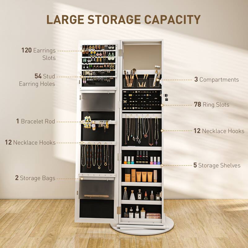 Full-Length Mirror Jewelry Cabinet Rotating Base With Storage - 21.7" W x 21.7" D x 63.4" H