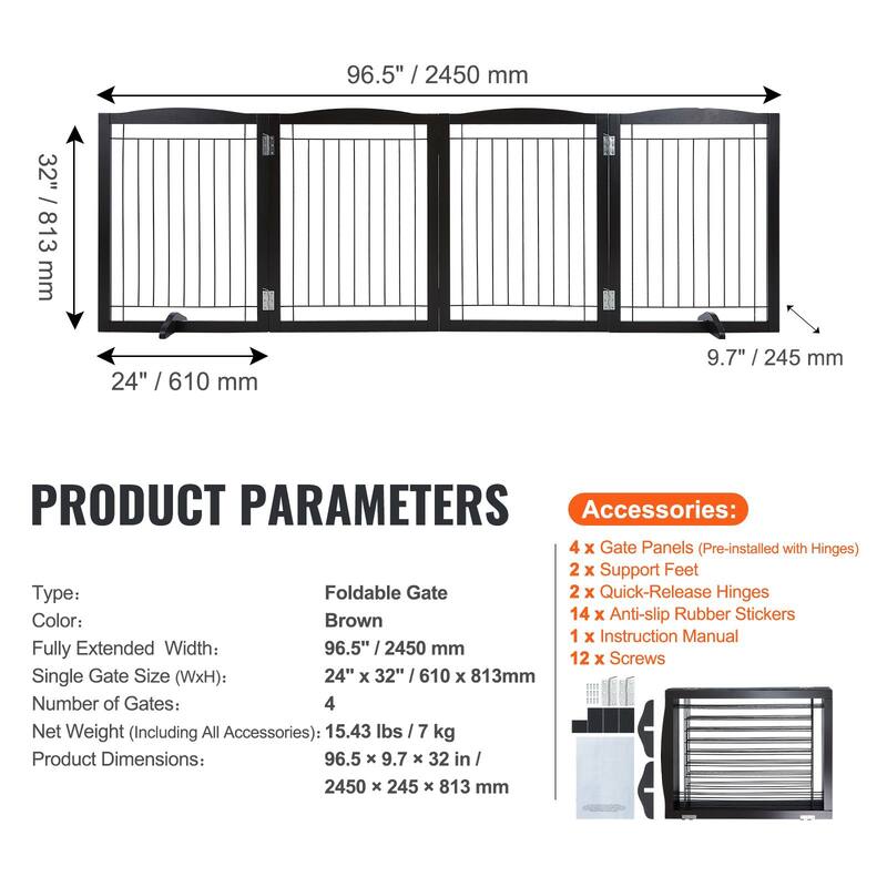 Modern 4 Panels Foldable and Expandable Freestanding Pet Gate with Footpads - 96.46 x 9.65 x 32.01 in