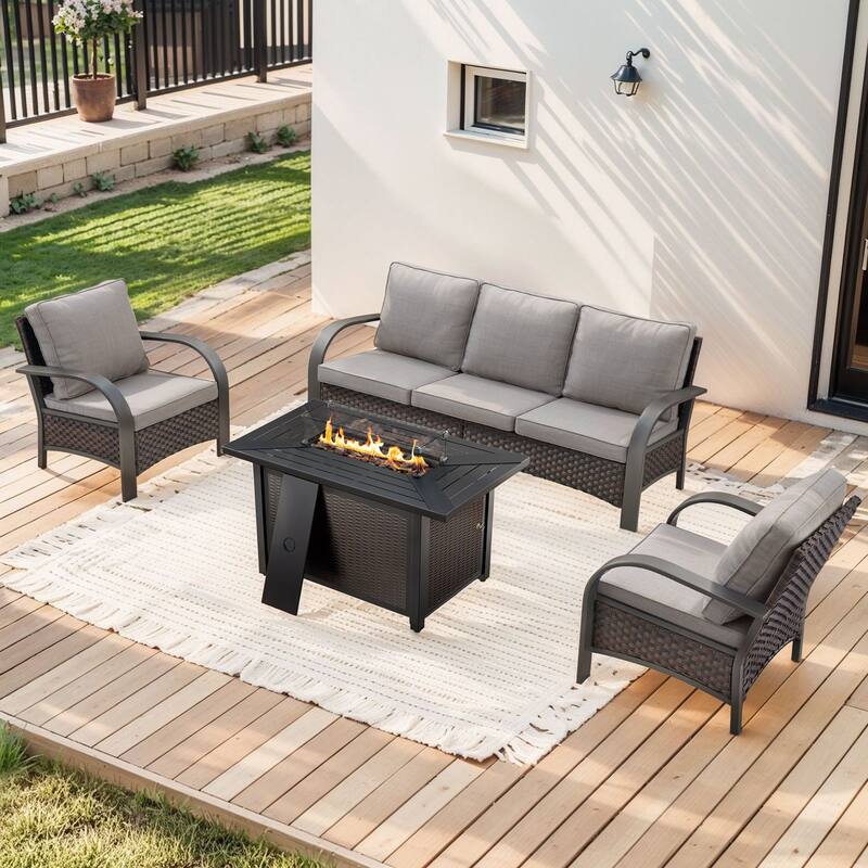 Propane Fire Pit with Outdoor Patio Funiture Set - Brown Rattan - Grey Cushion - 4PCS Sofa Club Chair with Fire Table