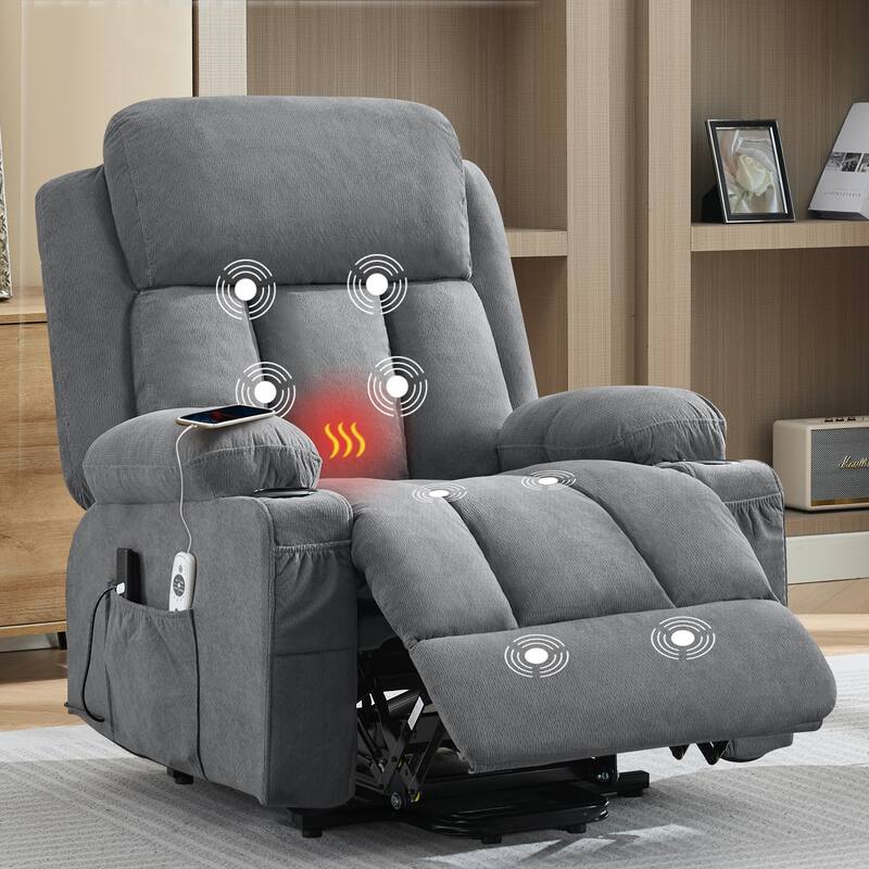 Power Lift Recliner with Heat & Massage USB Side Pockets for Elderly