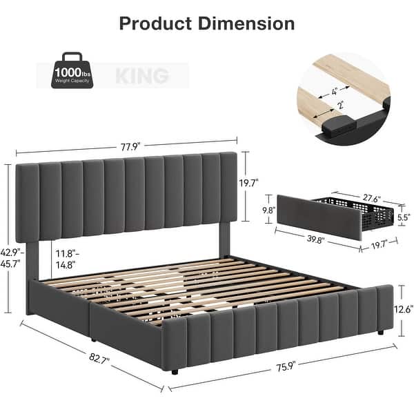 dimension image slide 0 of 3, Queen Linen Upholstered Platform Bed Frame with 4 Storage Drawers, Adjustable Headboard