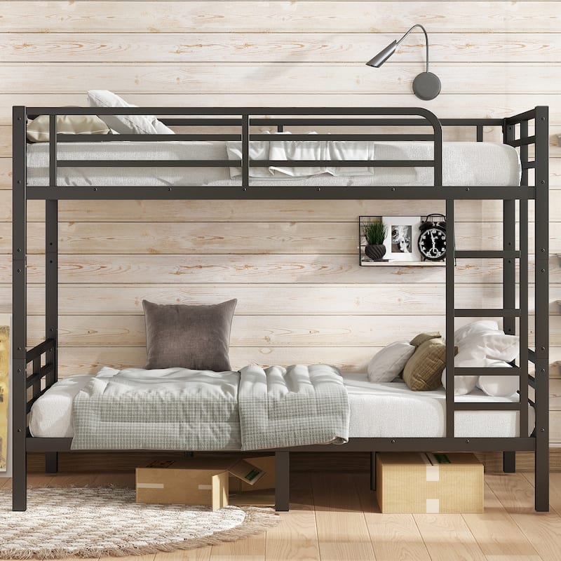 Twin XL Over Twin XL Bunk Bed with Curved Corner Guardrails, Noise Free Metal Bed Frame with Ladder and Underbed Storage - Black - Twin XL