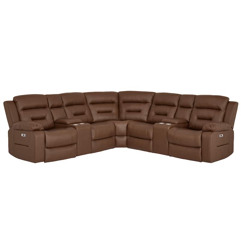 109" Power Reclining Sectional Couch, Modular Livingroom Recliner Sofa with 2 Storage Console & 4 Cup Holders - Light Brown