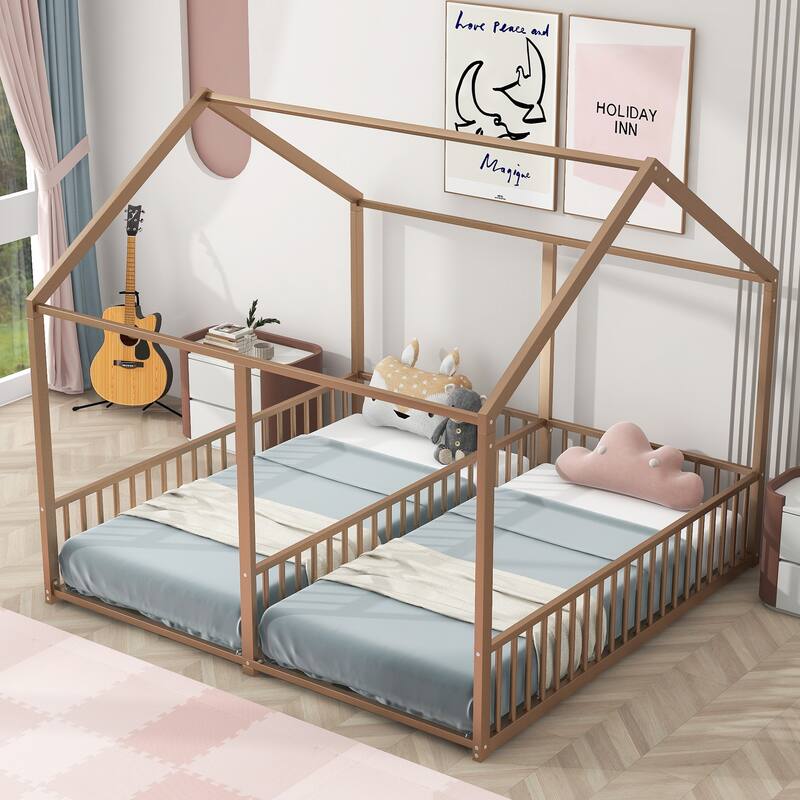 Twin Size Metal House Platform Bed with Roof, Windows, and Guardrails, 2-in-1 Bed Design, Easy Assembly