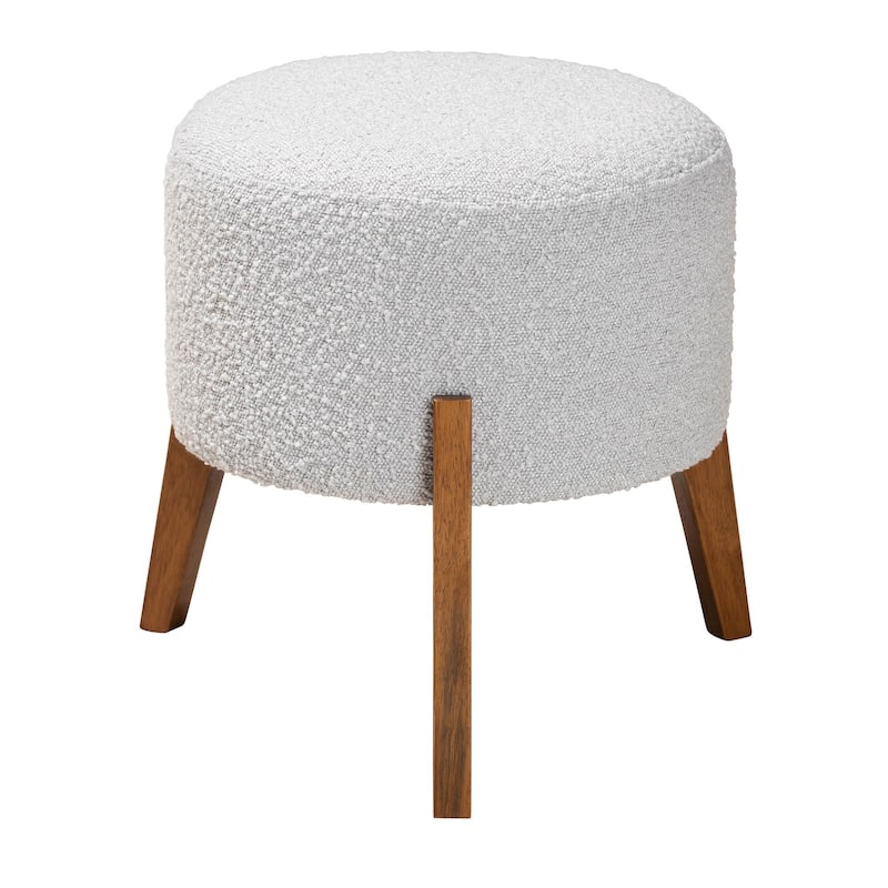 Elkie Japandi Cream Boucle Fabric and Walnut Brown Finished Wood Ottoman Footstool - Light Grey, Walnut Brown