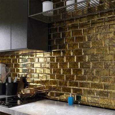 Merola Tile Lustre Beveled Antique Gold 3 in. x 6 in. Glass Wall Tile - Case (80 Tiles)