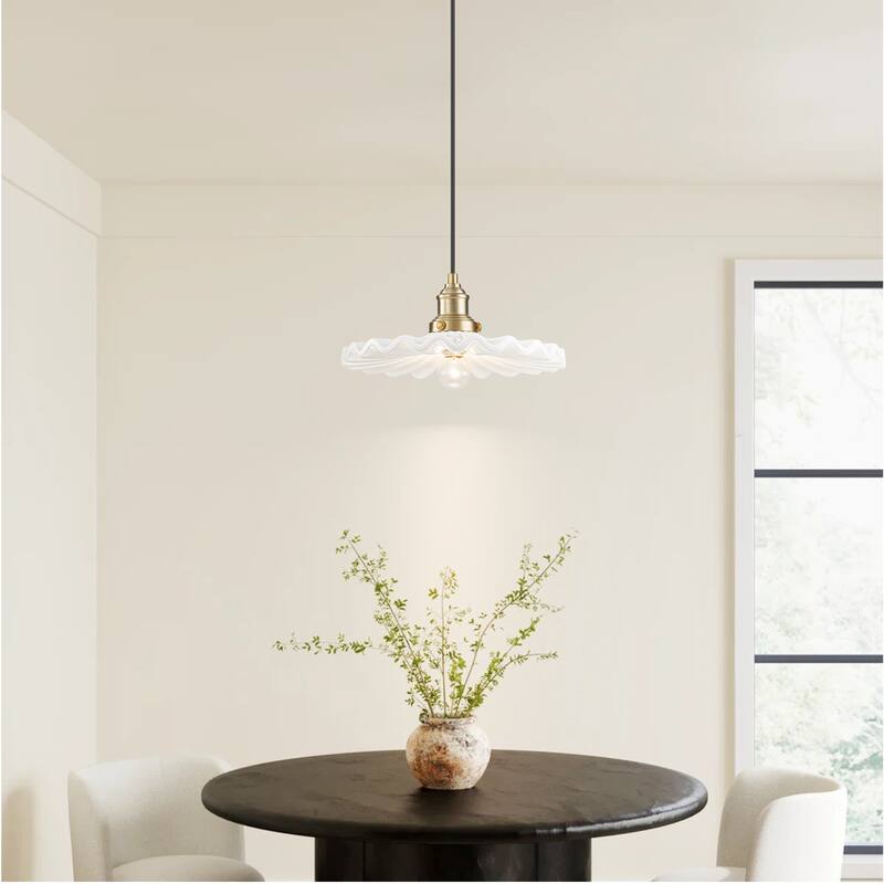 1-Light Modern Transitional Metal & Ceramic Pendant with Ruffled Wave-Edge Shade for Dining Room - 11.8" W x 5.5" H