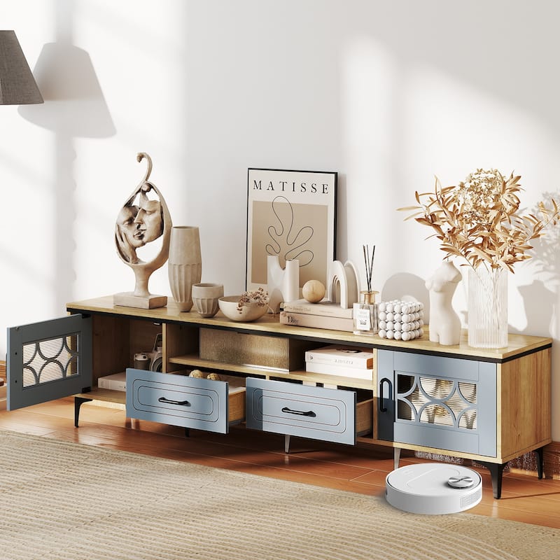 Modern 71" TV Console Table with Storage Drawers Cabinets and Cord Hole Metal Legs for Living Room - 71" x 14" x 18"