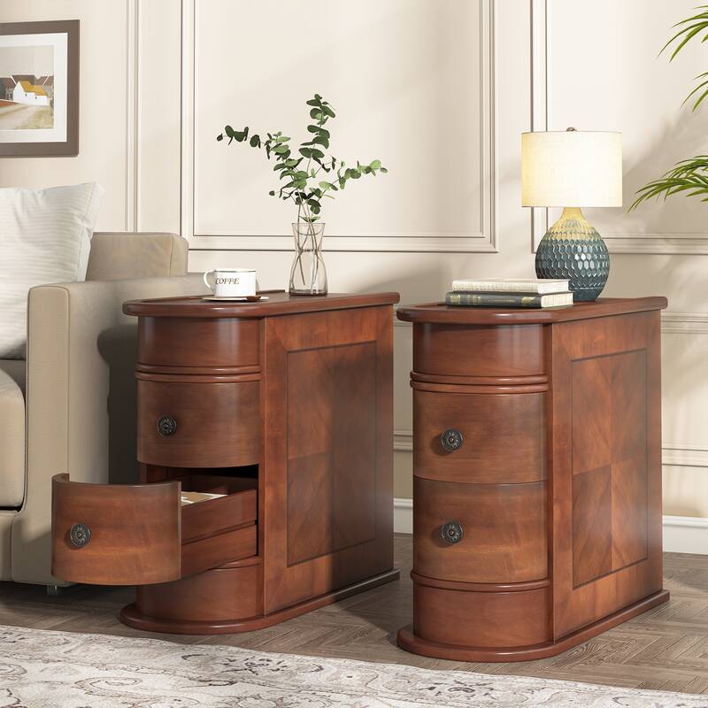 Wood End Table, Narrow Side Table Solid Side Table - 2 PCS - 2 Drawers-Brown