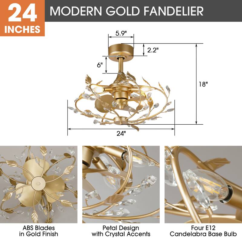 24" Modern Gold Leaves Crystal Caged Ceiling Fan Chandelier with Remote