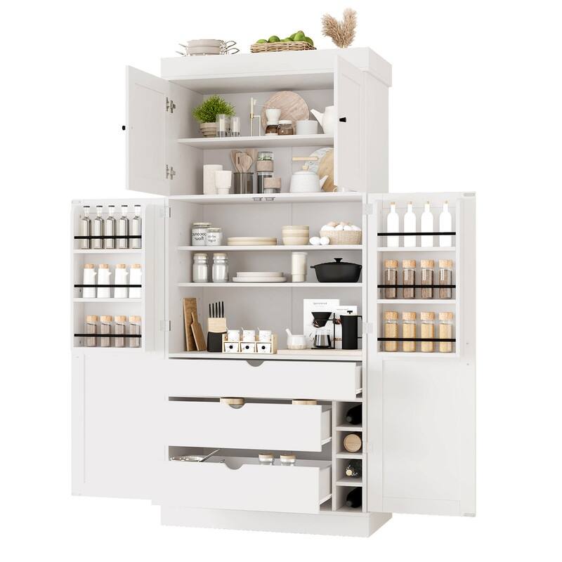 Freestanding 77"Tall Kitchen Pantry with Adjustable Shelves,Door Shelves, Drawers and Wine Racks