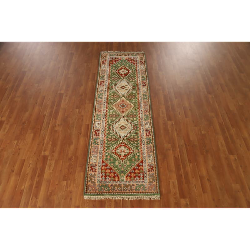 Geometric Heriz Serapi Indian Runner Rug Green Handmade Wool Carpet - 2'7" x 8'0"