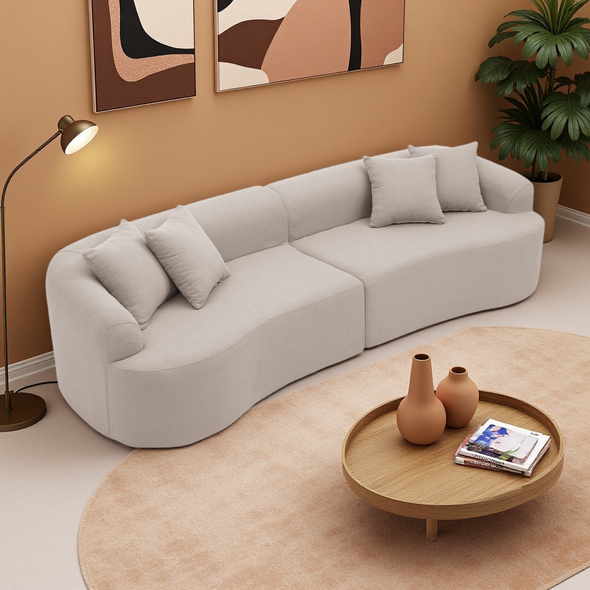 Lamb's Wool Curved Modular 4-Seater Sectional Sofa, No Assembly