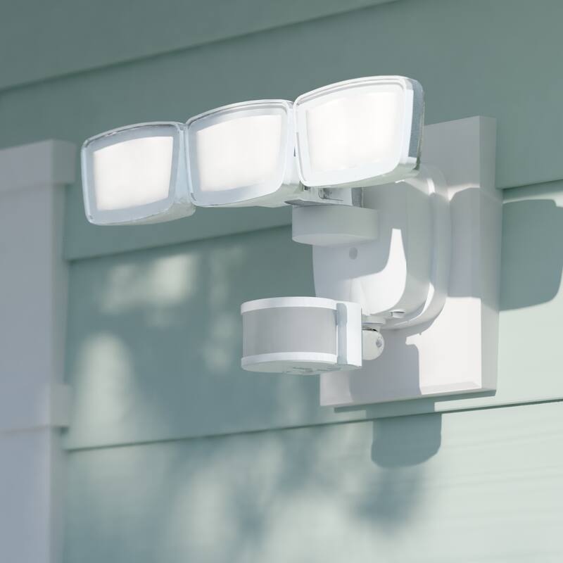 Integrated LED Motion Sensor Dusk to Dawn 3-Head Outdoor Security Flood Light - 240 Degree - 85 Ft. - White - 13.25-in W x 7-in H x 6.25-in D