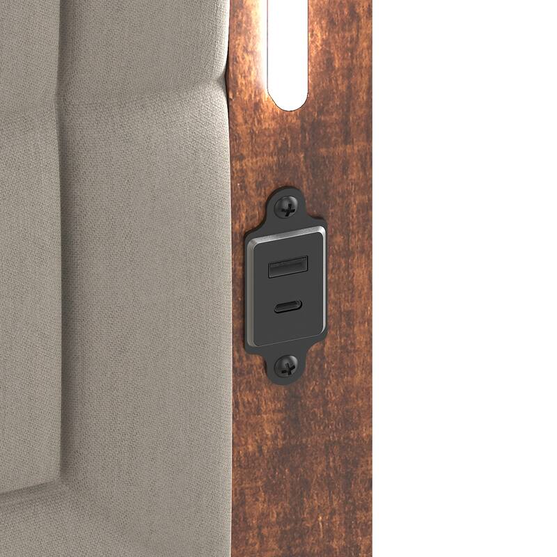 Brown Grey Queen Size Platform Bed with Upholstered Headboard, Charging Station & LED Lights