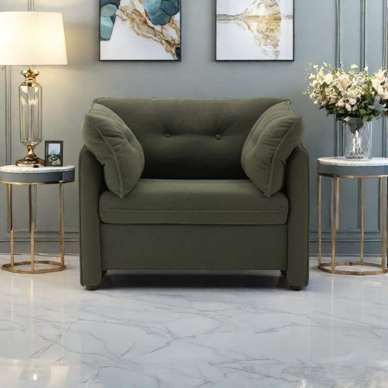 Chenille & Wood Oversized Lounge Chair with Thick 15" Cushion, Removable Armrests, and Button-Tufted Design - Green