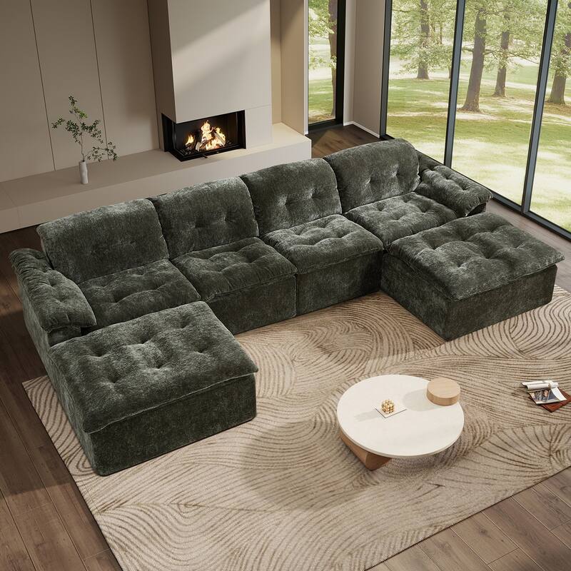 Rossetta 4-Seater Chenille Upholstery Modular Convertible Design Generous Seating Cushioned Sofa with 2 Versatile Ottomans