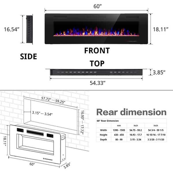 dimension image slide 2 of 5, Electric Fireplace Heater Recessed Wall-mounted w/ RC (750-1500W)