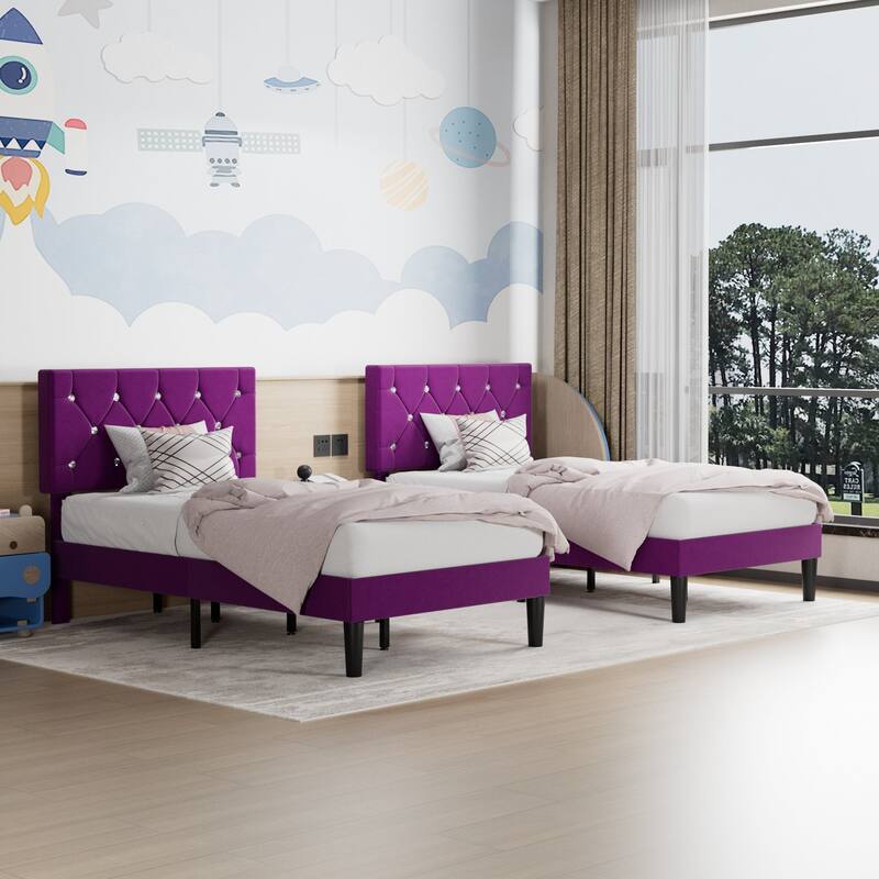 VECELO Upholstered Kids Bed Frame with Diamond Tufted Headoard,Twin Size Bed Set of 2