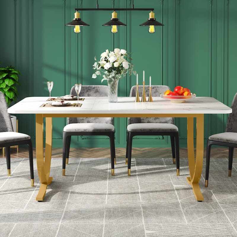 Rectangular Dining Table for 4 to 6, 63 Inch Modern Kitchen Table with Faux Marble Table Top and Metal Legs