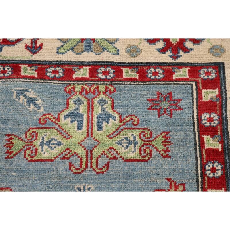 Light Blue Kazak Area Rug Handmade Geometric Wool Carpet - 5'3" x 6'8"