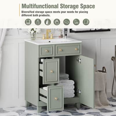 24" Bathroom Vanity Storage Cabinet with Ceramic Sink, 2 Drawers & Door