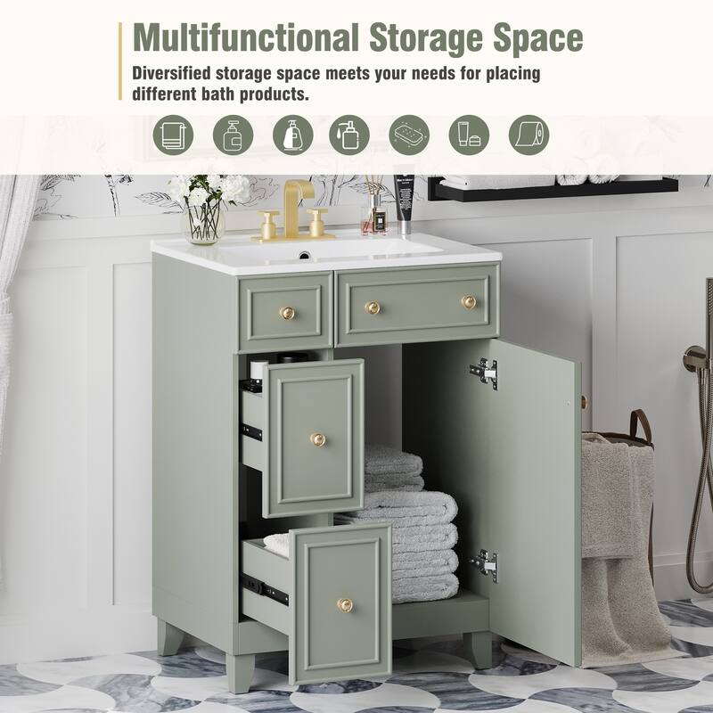 24 Inch Bathroom Vanity Cabinet with Ceramic Sink, 2 Drawers & Door, Bathroom Storage Cabinet Free-standing Single Sink Cabinet