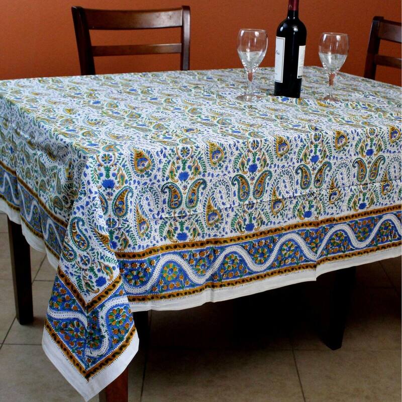 Block Print Cotton Paisley Floral Tablecloth Round Square - 72 x 72 inches