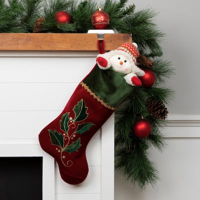 21" Red and Green Holly Embroidered Velvet Christmas Stocking