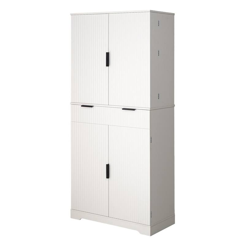 Fluted Kitchen Pantry Cabinet, Freestanding Buffet Cabinet, Storage Cabinet with 3 Keyboard Drawers & 6 Adjustable Door Shelves