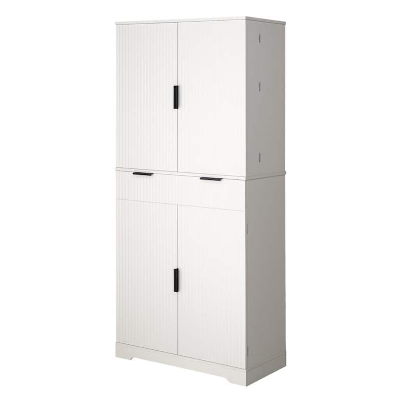 Fluted Kitchen Pantry Cabinet, Freestanding Sideboard Buffet Storage Cabinet with 3 Keyboard Drawers & 6 Door Shelves