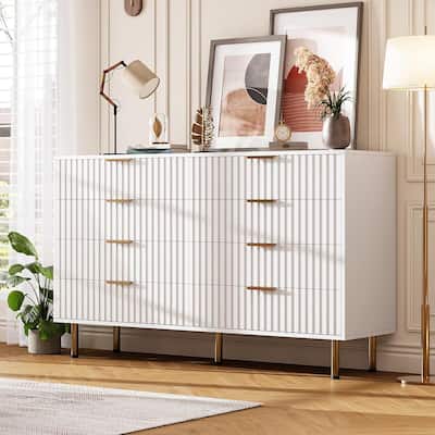 Fluted 8 Drawer Double Dresser for Bedroom, Living Room, Hallway