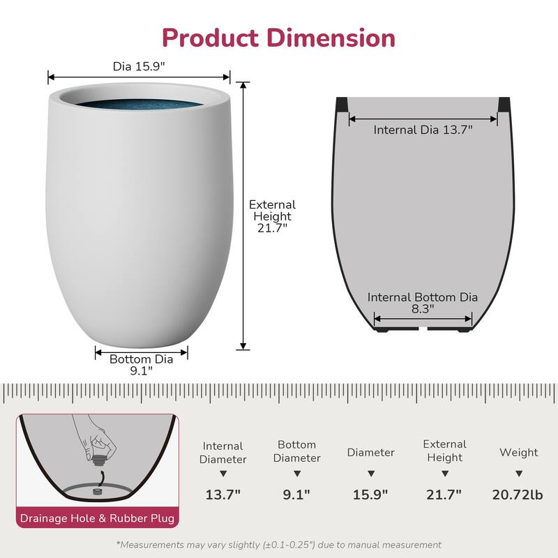 Concrete Garden Enhanced Interior Flower Planter, Modern Tall Plant Pots with Drainage Hole