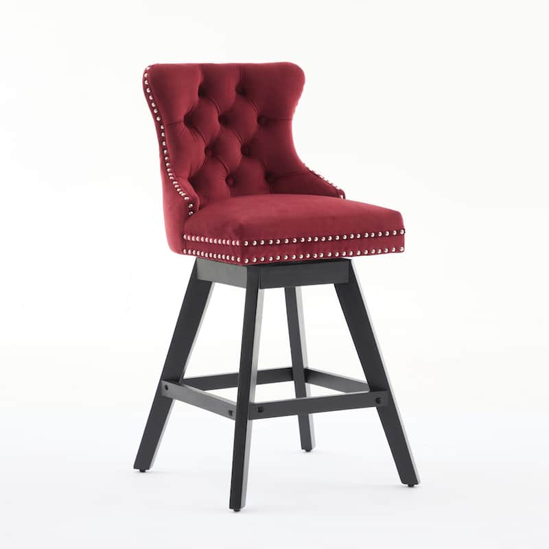 Set of 2,Swivel Velvet Barstools with Button Tufted Decoration and Wooden Legs