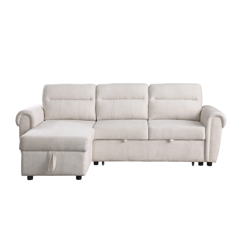 97"W Beige Chenille Reversible Sofa Chaise w/ USB & Storage