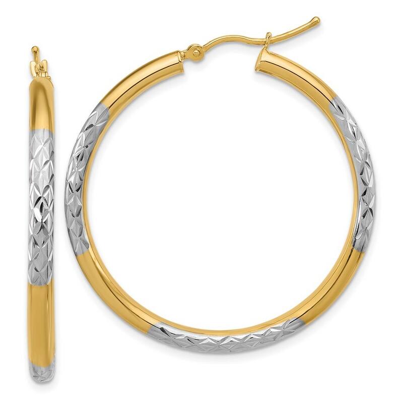 Curata 14k Yellow Gold Rhodium Sparkle Cut Hoop Earrings - 40x40mm