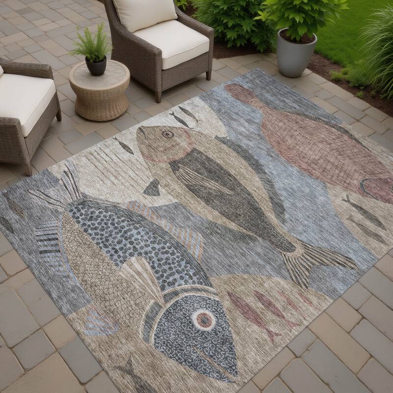 Machine Washable Indoor/ Outdoor Modern Fish Chantille Rug