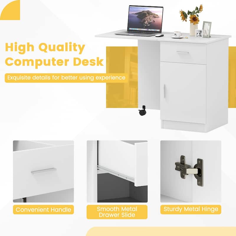 MDF Folding Computer Desk with Storage Cabinet, Drawer and Wheels