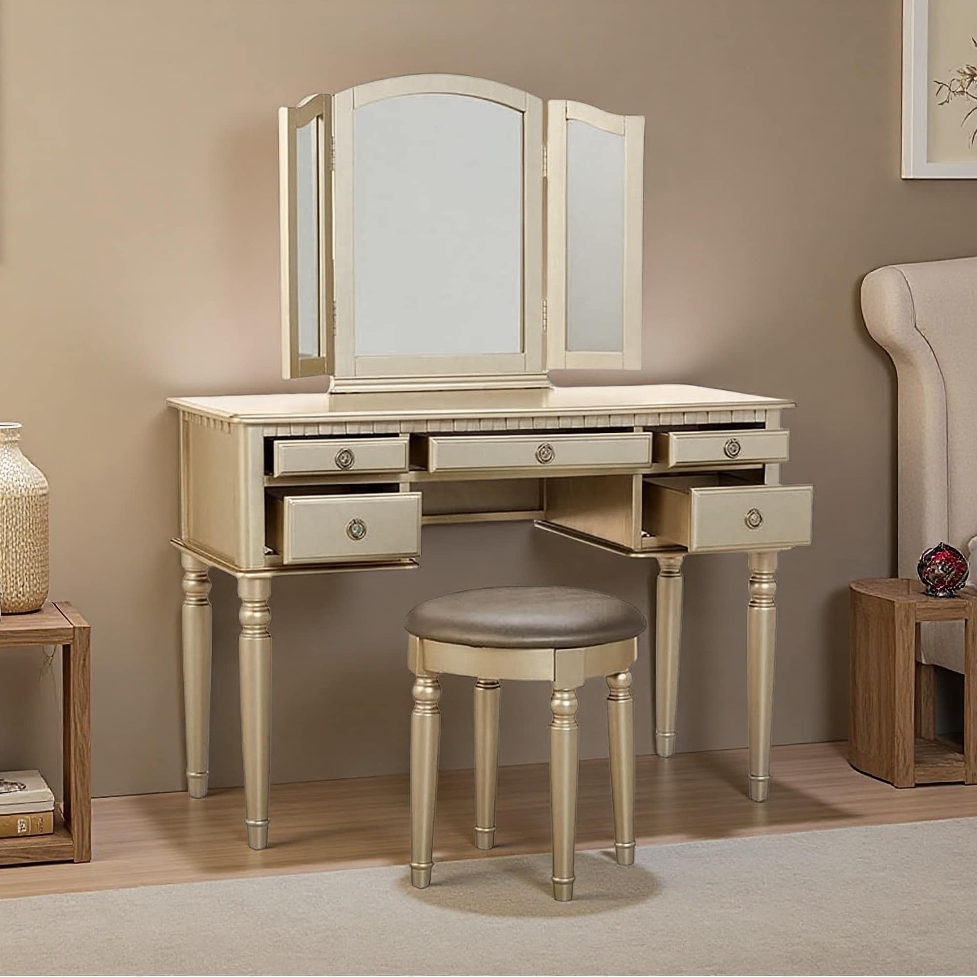 43" Solid Wood Makeup Vanity Set with Foldable Mirror & 5 Drawers