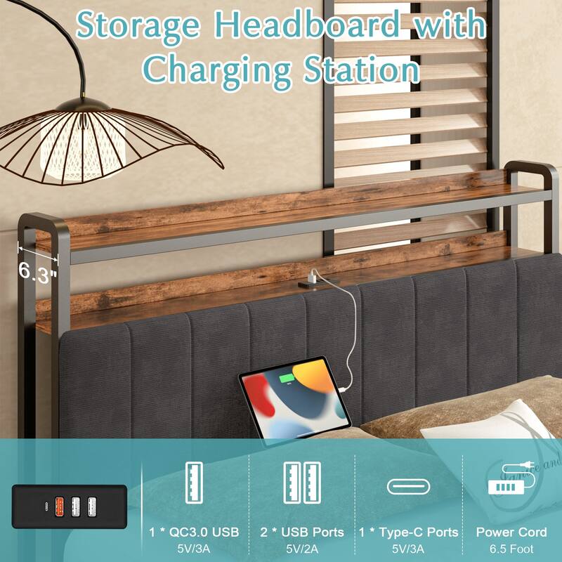 Javlergo Bed Frame with Bench, Bedframes with Charging Staions, Headboard and Storage Bench, LED Lights and Storage Shelves
