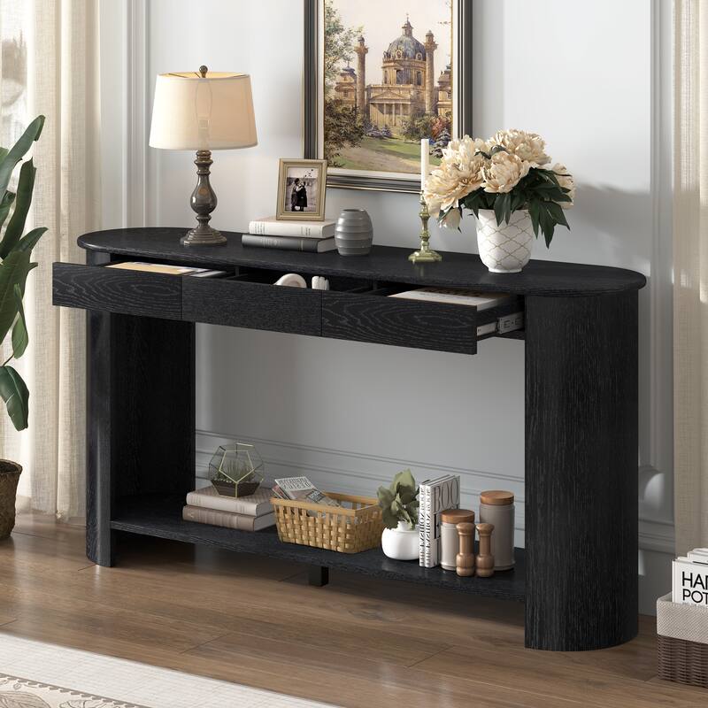 59.8"Modern Veneer Console Table with 3 Drawers,Farmhouse Entryway Table with Shelf,Wood Sofa Table with Semi-Circular Design - Black